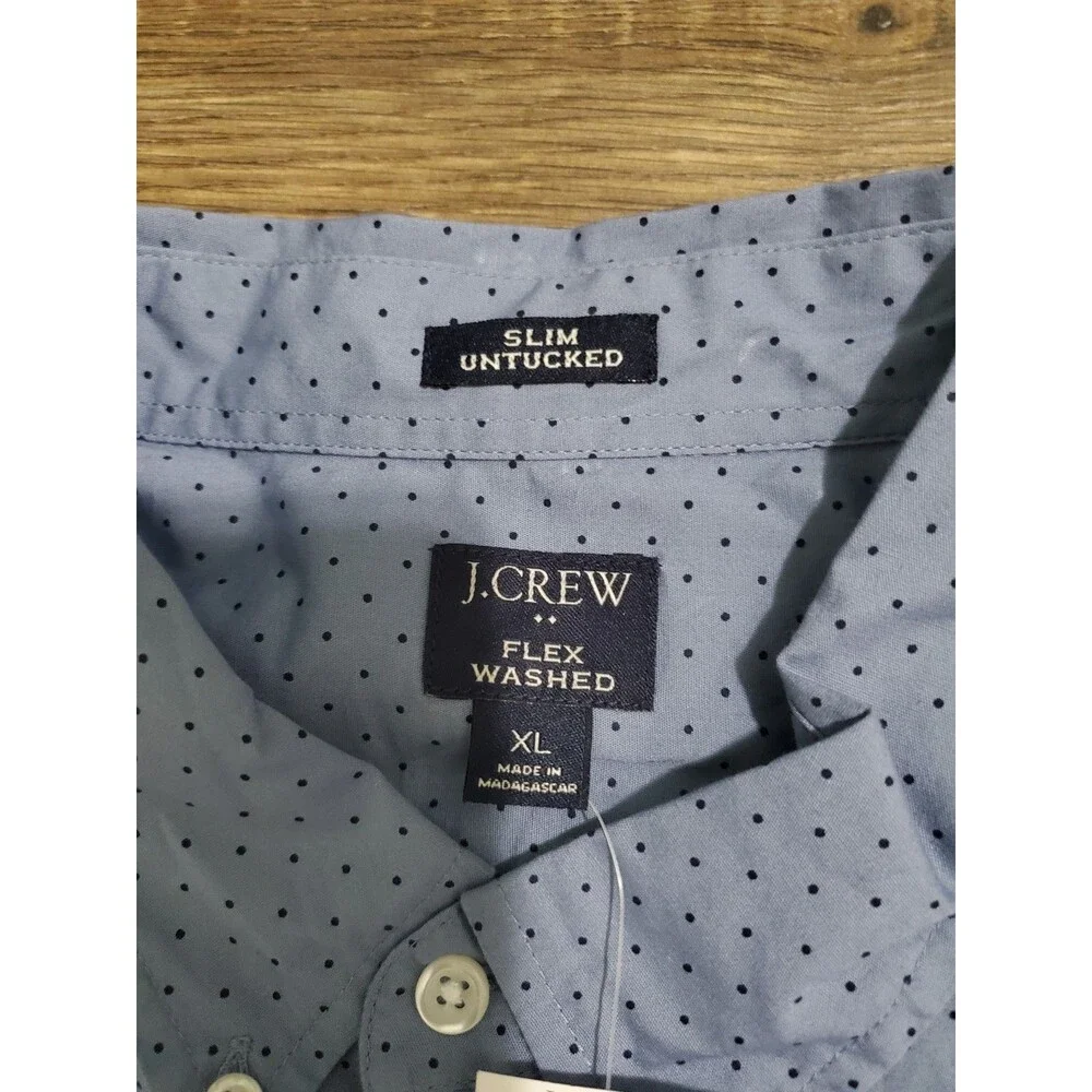 J. Crew Flex Washed Shirt Button Down Men XL Blue Polka Dots Stretch Slim NEW